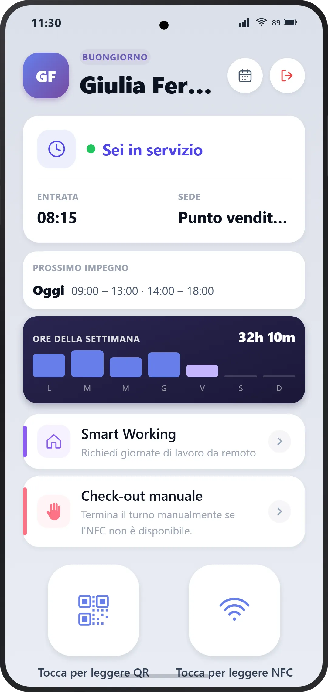 App KiaroTime, dipendente in servizio: ore del giorno e turni