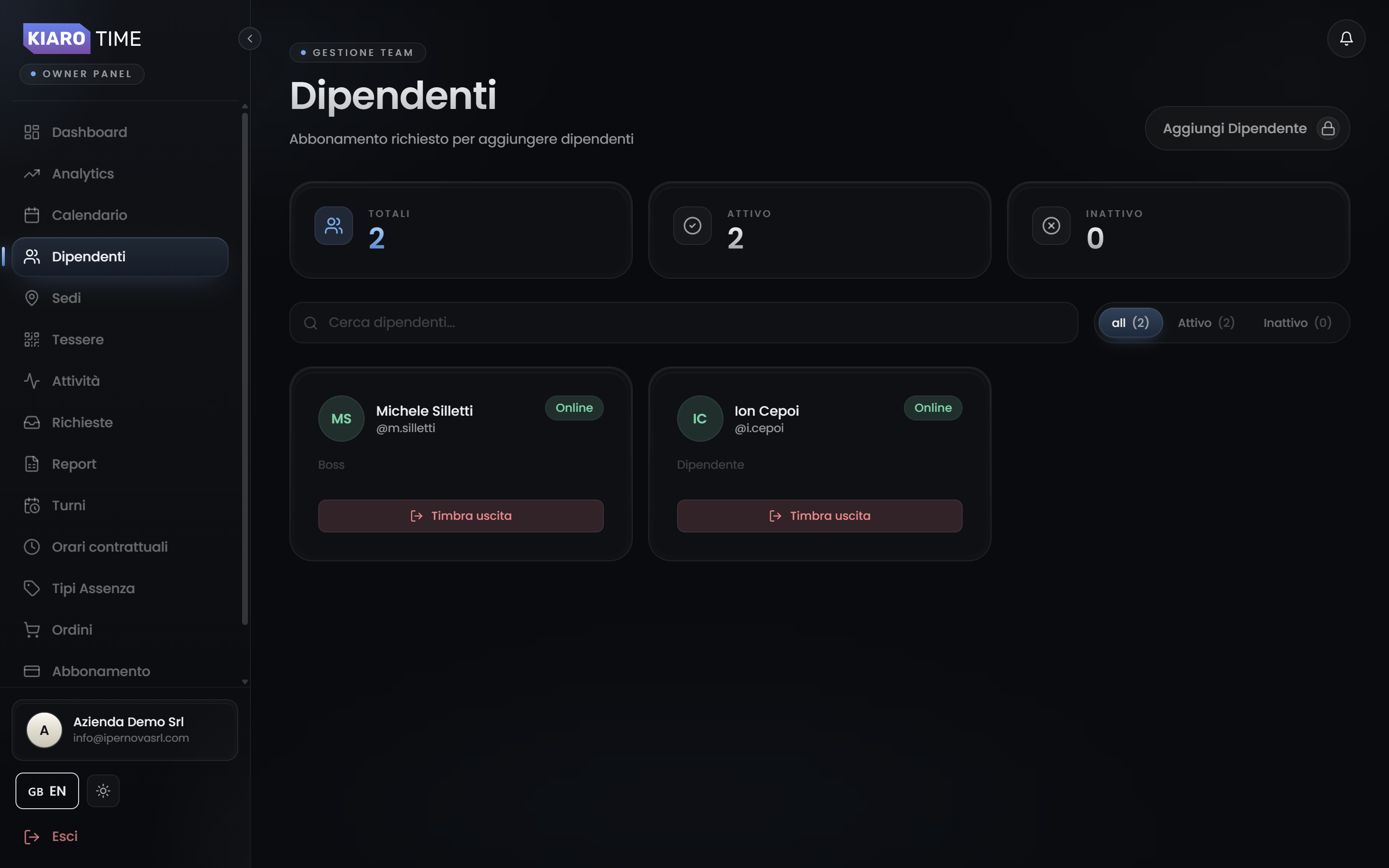 KiaroTime · pagina Dipendenti