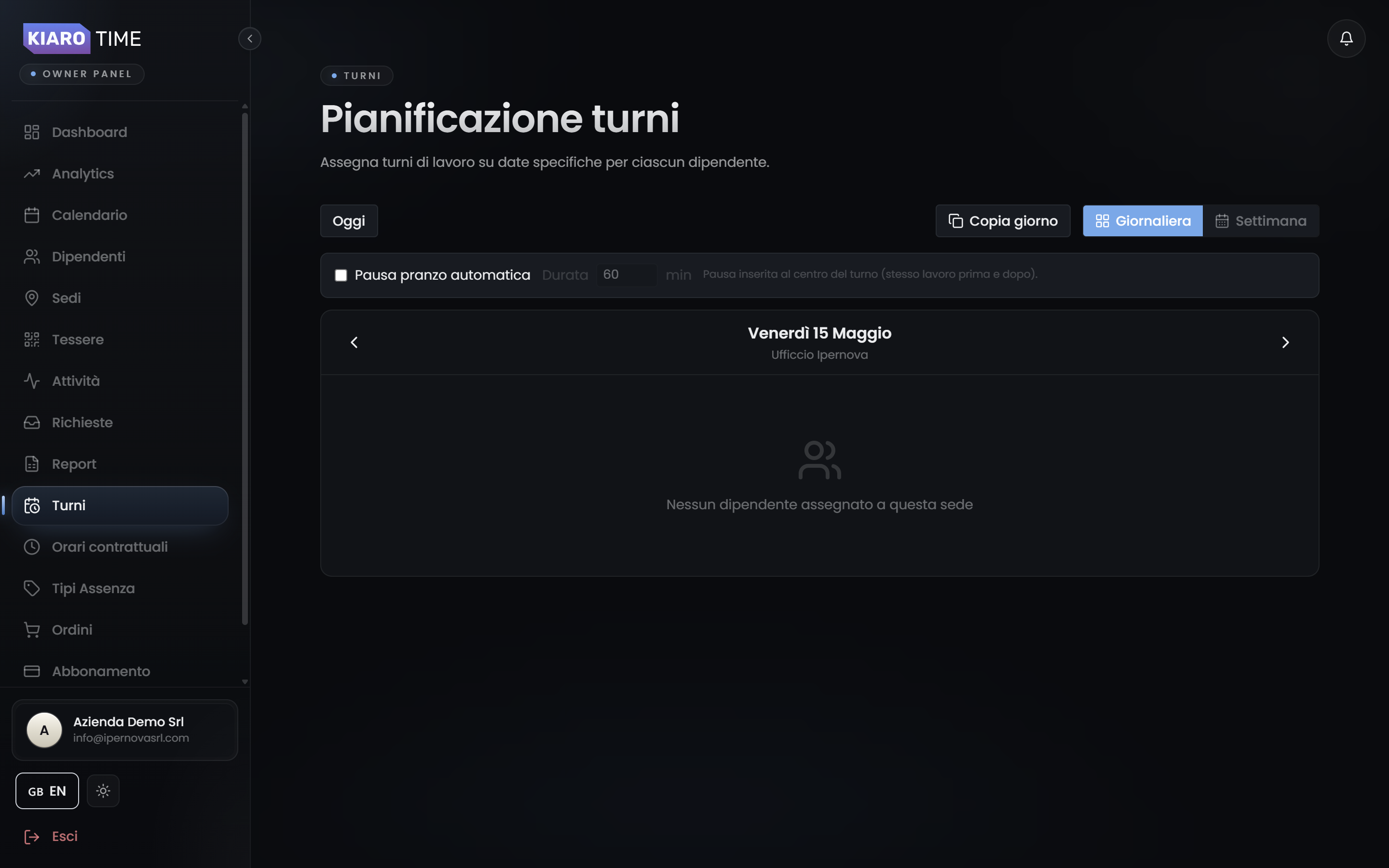 KiaroTime · pagina Turni
